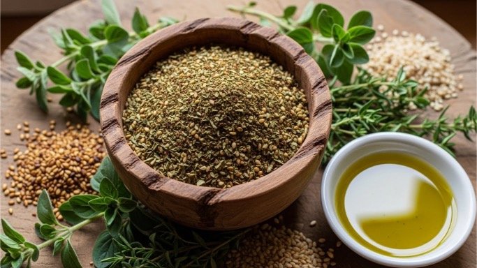 za’atar spice blend with fresh herbs and olive oil.
