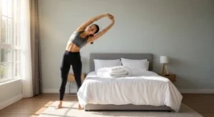 woman stretching after bed-making habits in light