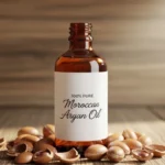 argan oil shampoo bottle with nuts on wooden table