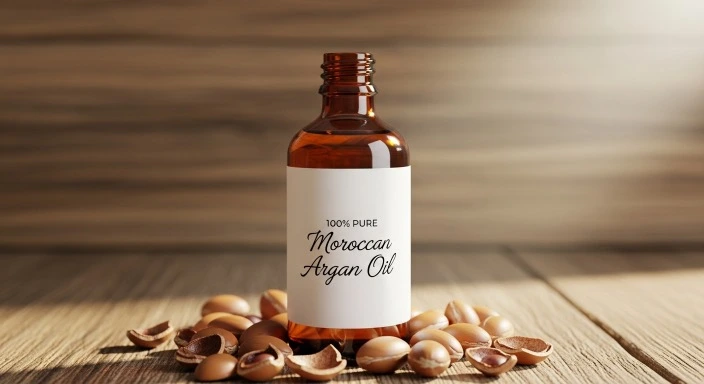 argan oil shampoo bottle with nuts on wooden table
