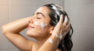 woman washing hair with Argan oil shampoo in shower
