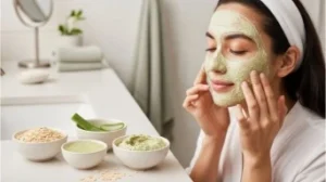 Applying a homemade natural face mask at home